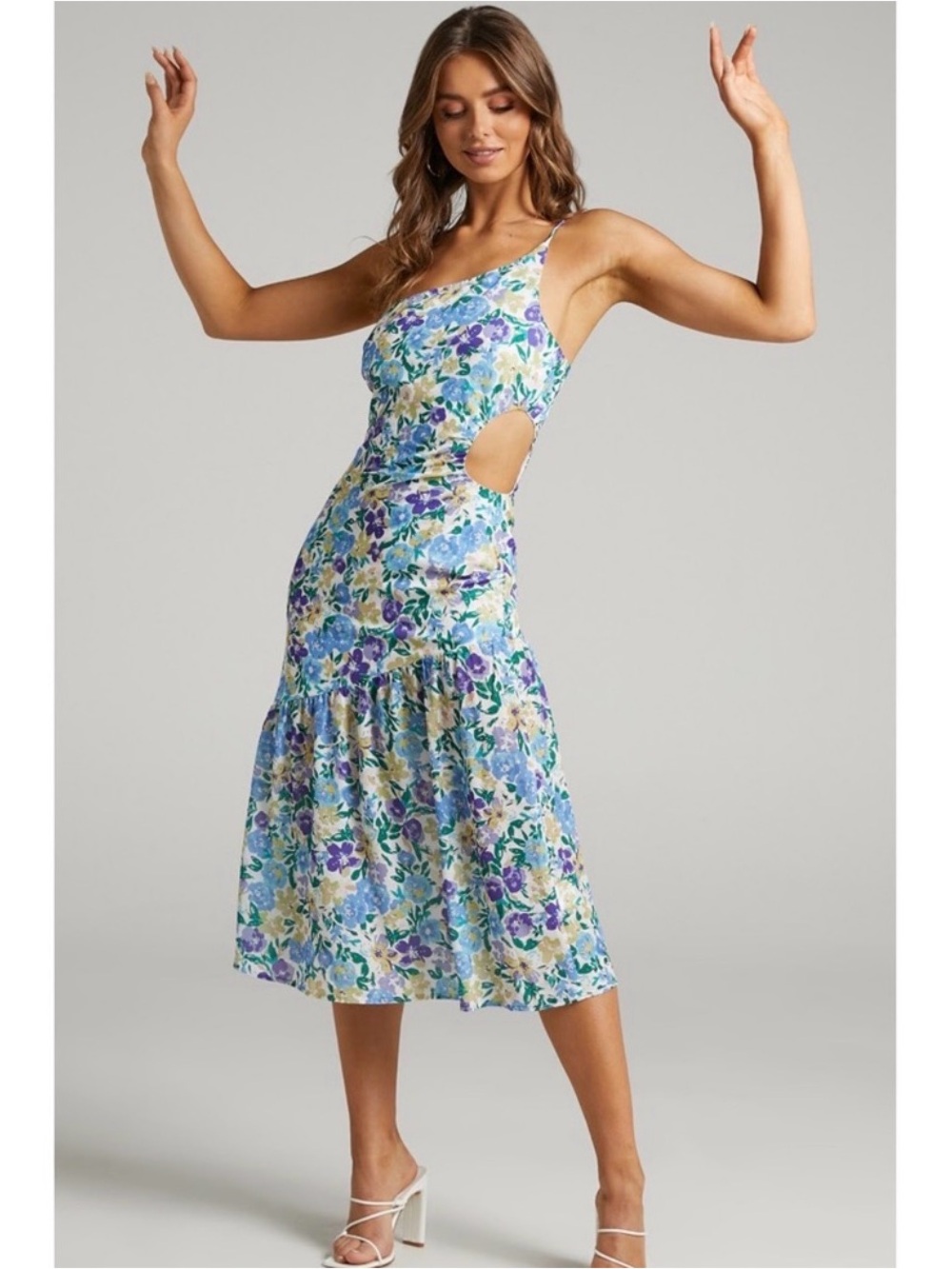 Showpo One-Shoulder Floral Cutout Midi Dress - Blue, Purple, Green